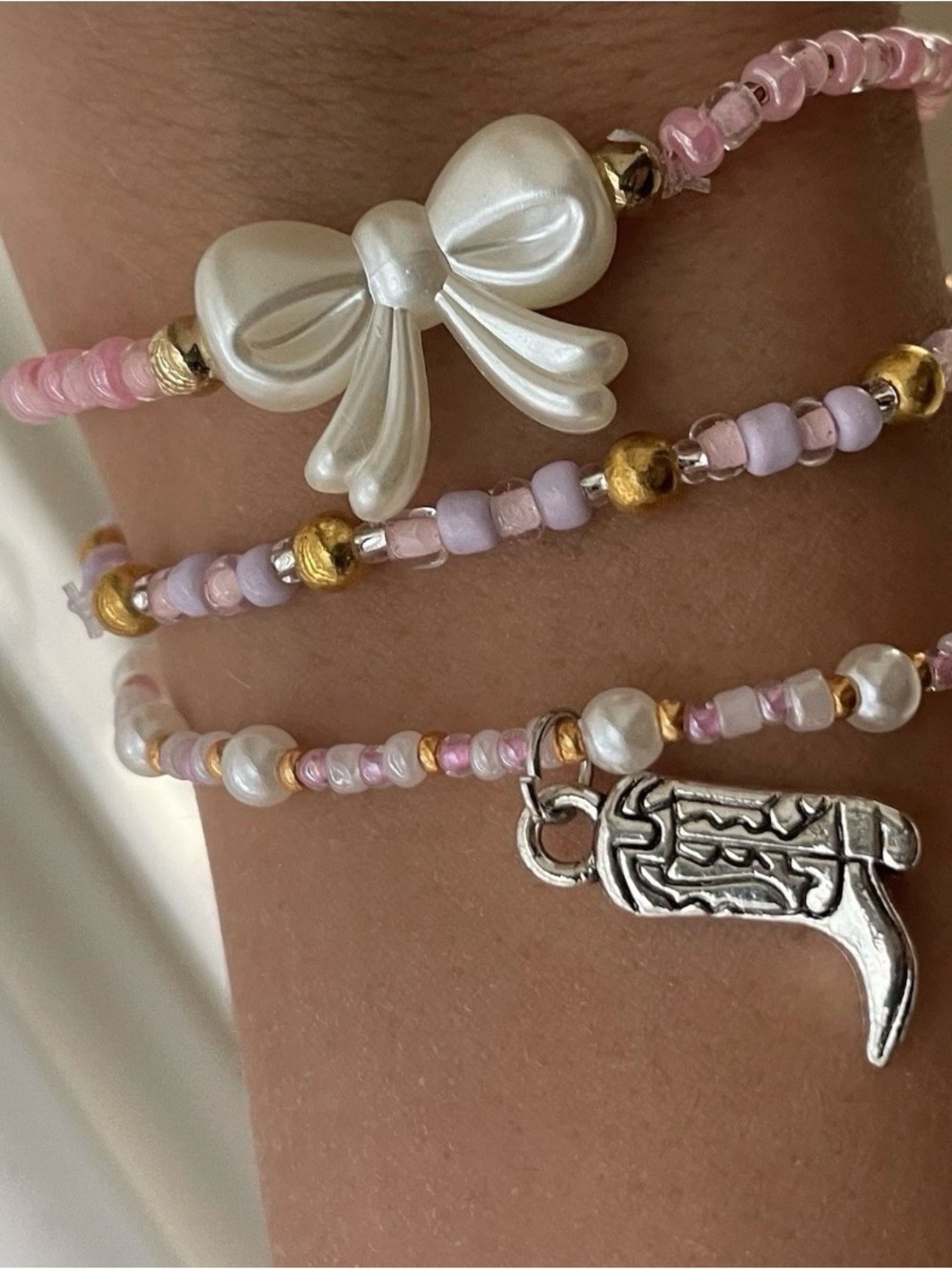Pearl Bow Pink Beaded Bracelet Set X3 great for beach and summer!